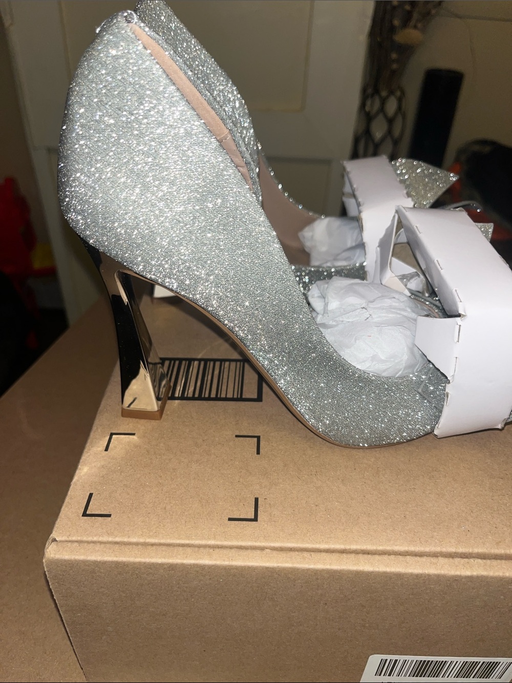 Betsey Johnson Silver Glitter Pointed-Toe Heels with Bow - Picture 2 of 5